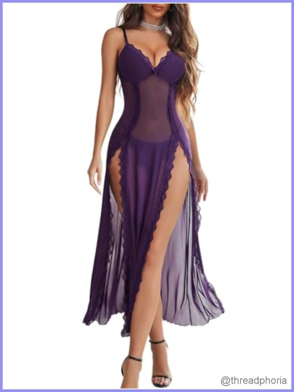 Women Lace Mesh Babydoll Chemise V Neck Nightgown Side Split